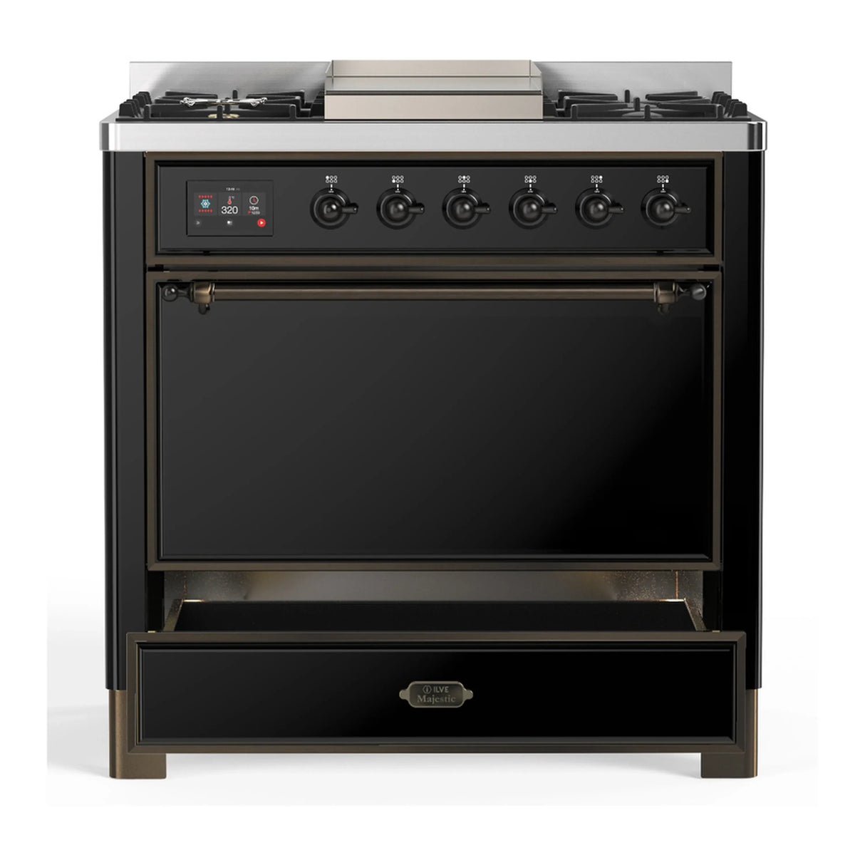ILVE Majestic III 36-inch Dual Fuel Range with 6 Natural Gas Burner, Griddle and Solid Door Electric Oven in Glossy Black with Burnished Trim (UM36FQNR3BKB)