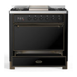 ILVE Majestic III 36-inch Dual Fuel Range with 6 Natural Gas Burner, Griddle and Solid Door Electric Oven in Glossy Black with Burnished Trim (UM36FQNR3BKB)