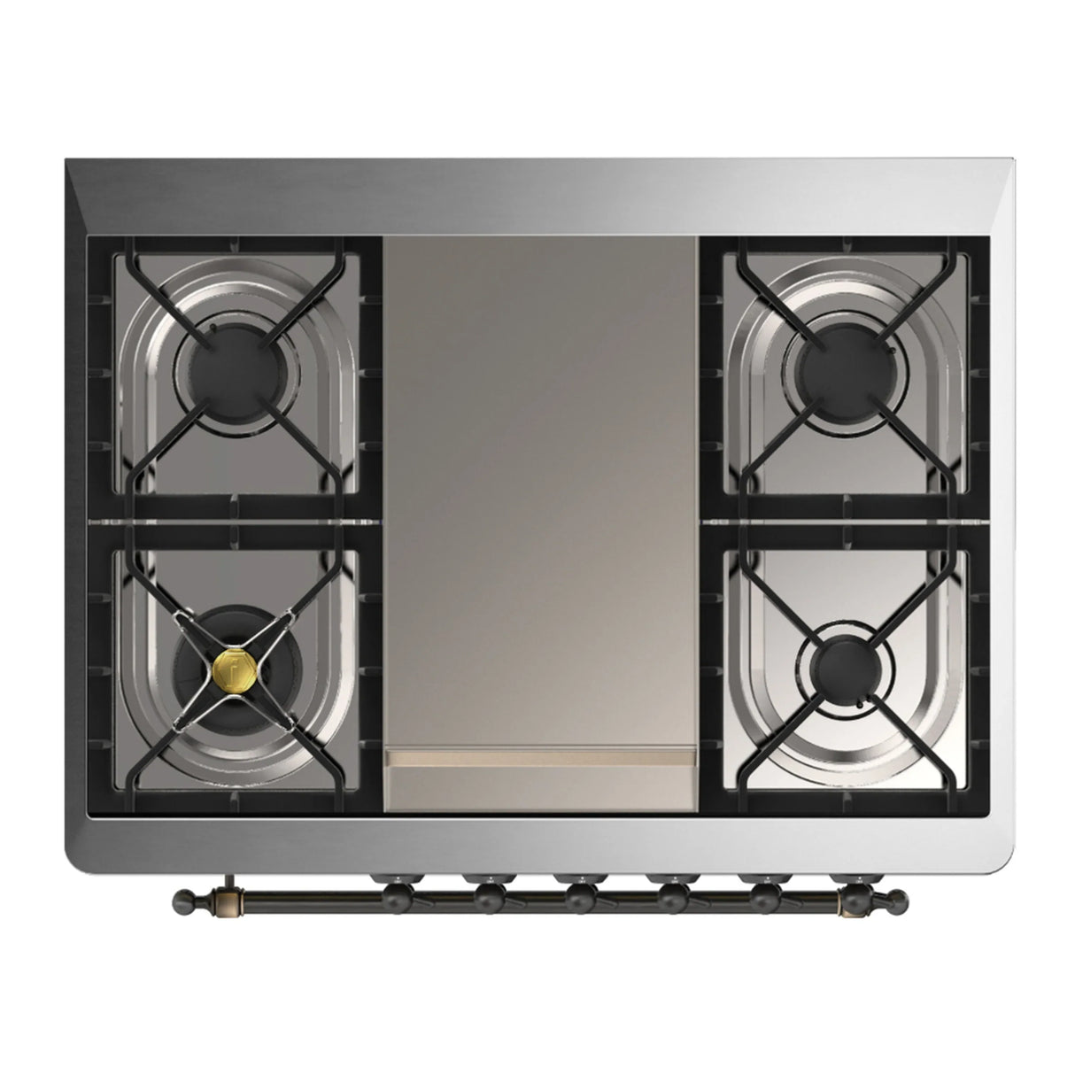 ILVE Majestic III 36-inch Dual Fuel Range with 6 Natural Gas Burner, Griddle and Solid Door Electric Oven in Glossy Black with Burnished Trim (UM36FQNR3BKB)