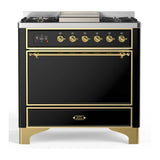 ILVE Majestic III 36-inch Dual Fuel Range with 6 Natural Gas Burner, Griddle and Solid Door Electric Oven in Glossy Black with Brass Trim (UM36FQNR3BKG)