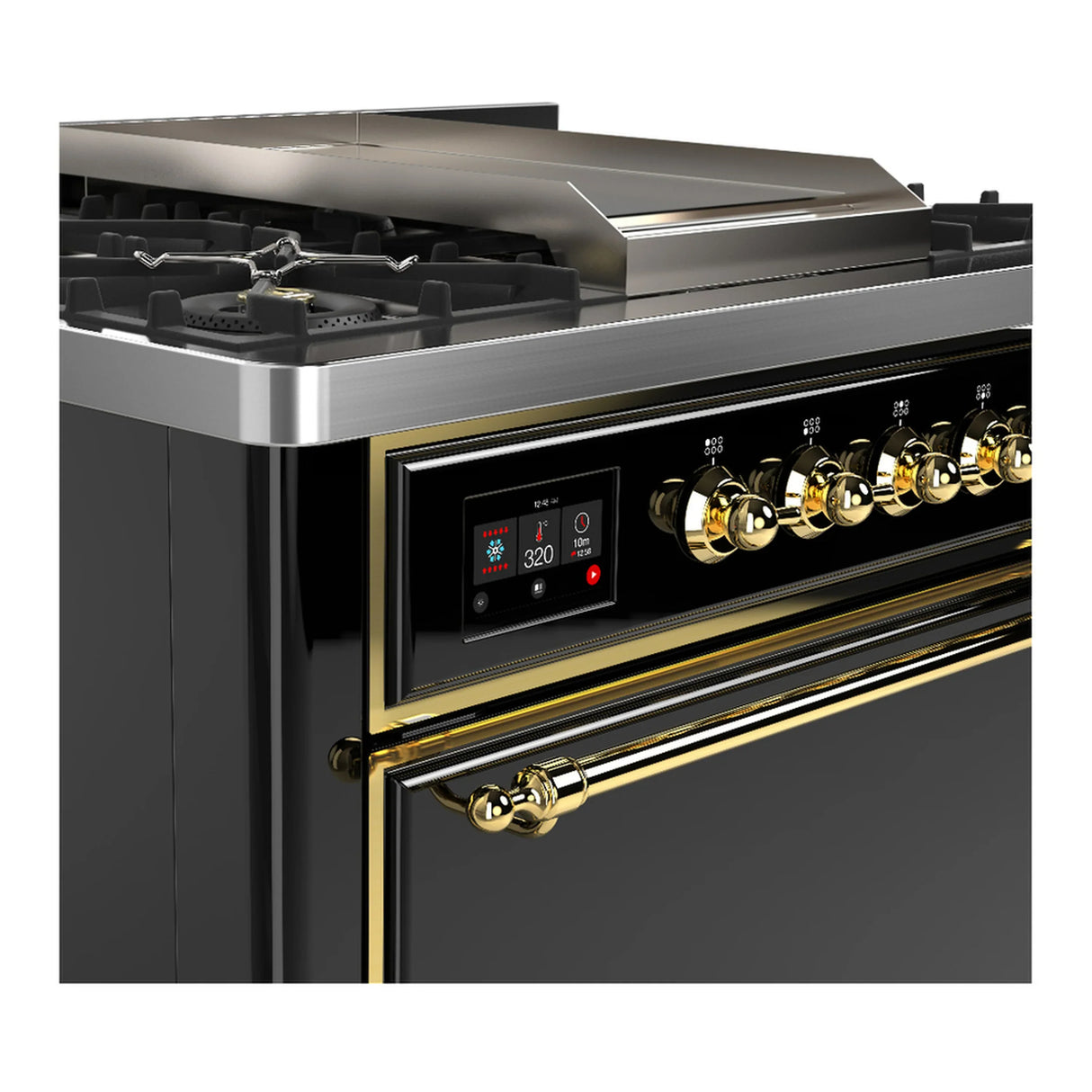 ILVE Majestic III 36-inch Dual Fuel Range with 6 Natural Gas Burner, Griddle and Solid Door Electric Oven in Glossy Black with Brass Trim (UM36FQNR3BKG)