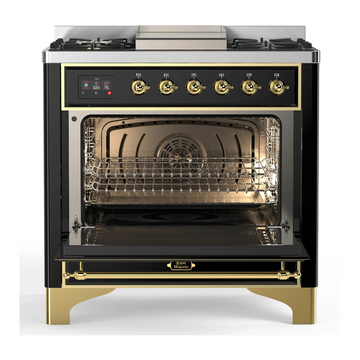 ILVE Majestic III 36-inch Dual Fuel Range with 6 Natural Gas Burner, Griddle and Solid Door Electric Oven in Glossy Black with Brass Trim (UM36FQNR3BKG)