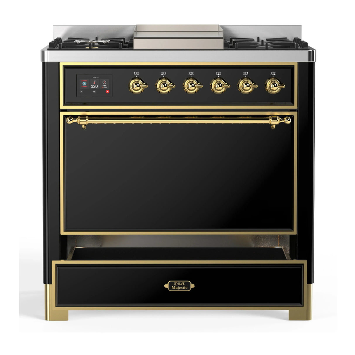 ILVE Majestic III 36-inch Dual Fuel Range with 6 Natural Gas Burner, Griddle and Solid Door Electric Oven in Glossy Black with Brass Trim (UM36FQNR3BKG)