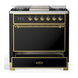 ILVE Majestic III 36-inch Dual Fuel Range with 6 Natural Gas Burner, Griddle and Solid Door Electric Oven in Glossy Black with Brass Trim (UM36FQNR3BKG)