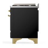 ILVE Majestic III 36-inch Dual Fuel Range with 6 Natural Gas Burner, Griddle and Solid Door Electric Oven in Glossy Black with Brass Trim (UM36FQNR3BKG)