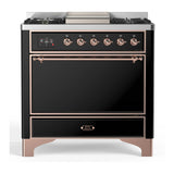 ILVE Majestic III 36-inch Dual Fuel Range with 6 Natural Gas Burner, Griddle and Solid Door Electric Oven in Glossy Black with Copper Trim (UM36FQNR3BKP)