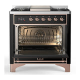 ILVE Majestic III 36-inch Dual Fuel Range with 6 Natural Gas Burner, Griddle and Solid Door Electric Oven in Glossy Black with Copper Trim (UM36FQNR3BKP)
