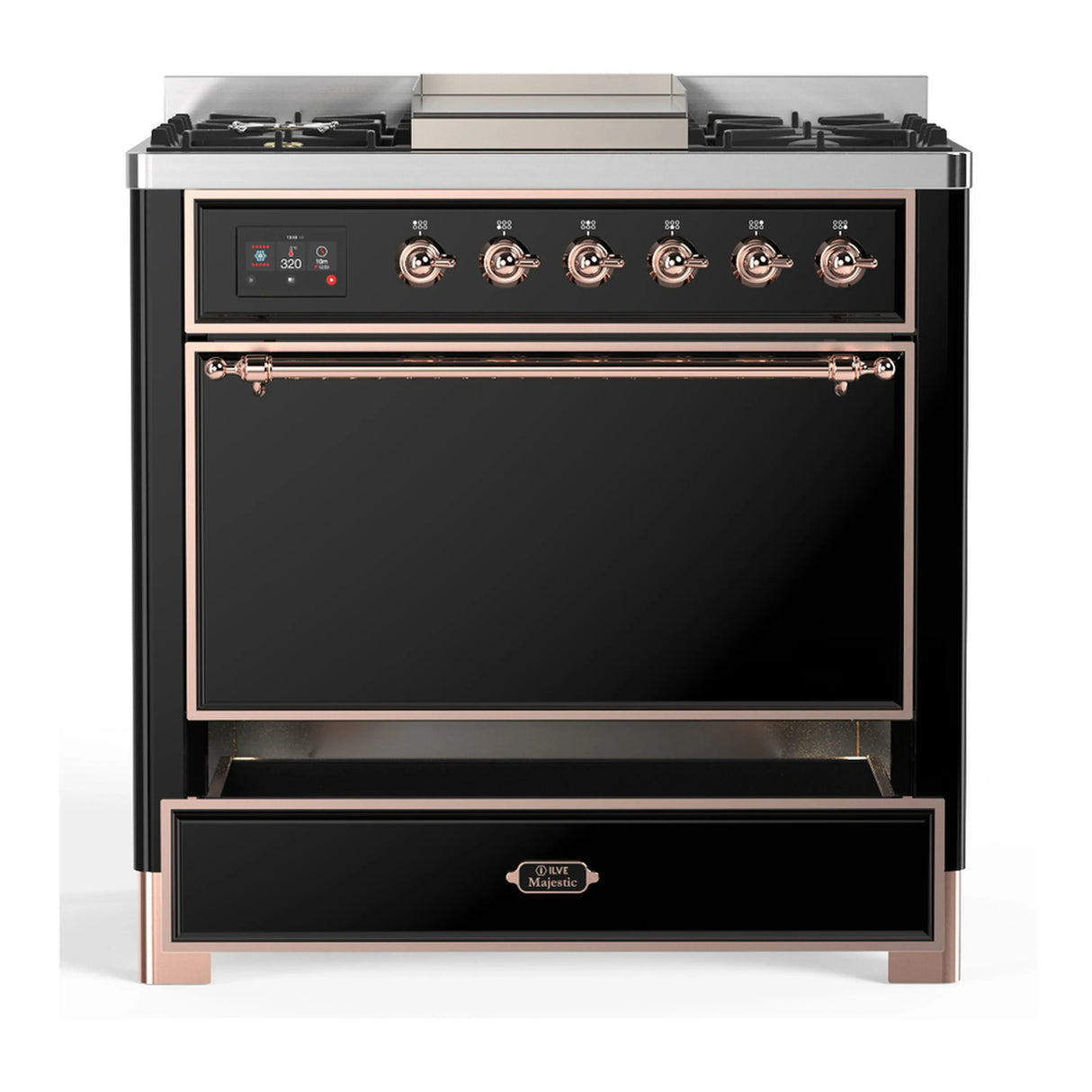 ILVE Majestic III 36-inch Dual Fuel Range with 6 Natural Gas Burner, Griddle and Solid Door Electric Oven in Glossy Black with Copper Trim (UM36FQNR3BKP)