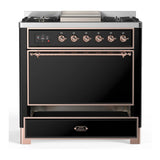 ILVE Majestic III 36-inch Dual Fuel Range with 5 Liquid Propane Burner, Griddle and Solid Door Electric Oven in Glossy Black with Copper Trim (UM36FQNR3BKPLP)