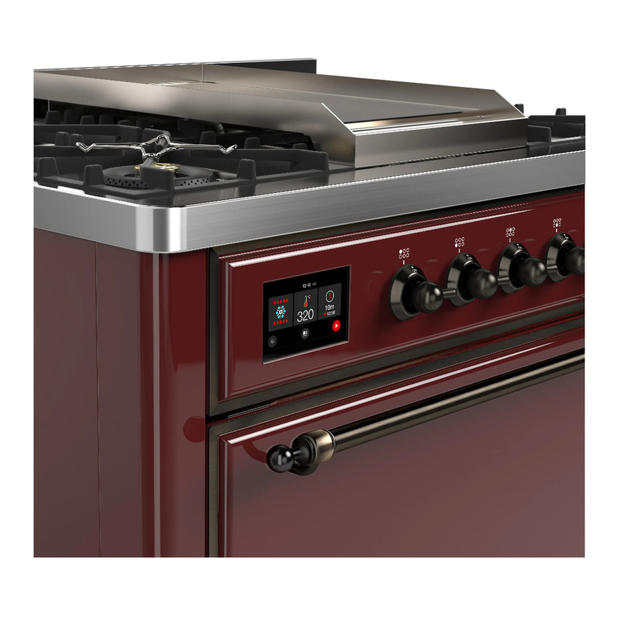 ILVE Majestic III 36-inch Dual Fuel Range with 5 Liquid Propane Burner, Griddle and Solid Door Electric Oven in Burgundy with Burnished Trim (UM36FQNR3BUBLP)