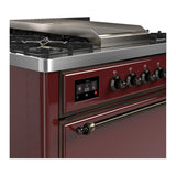 ILVE Majestic III 36-inch Dual Fuel Range with 5 Liquid Propane Burner, Griddle and Solid Door Electric Oven in Burgundy with Burnished Trim (UM36FQNR3BUBLP)