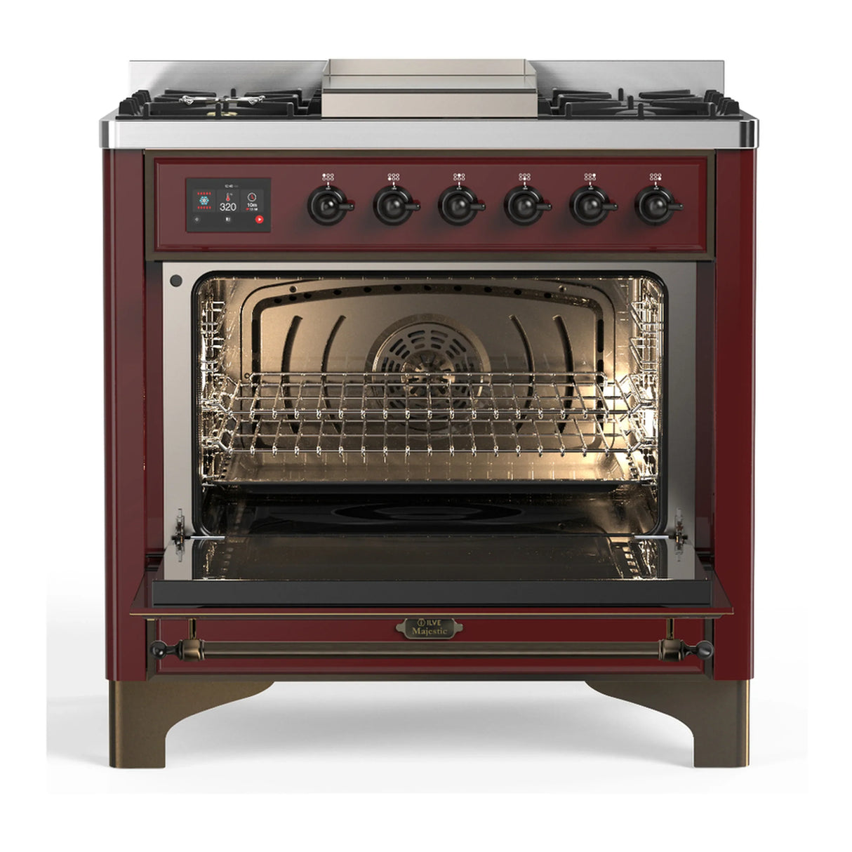 ILVE Majestic III 36-inch Dual Fuel Range with 5 Liquid Propane Burner, Griddle and Solid Door Electric Oven in Burgundy with Burnished Trim (UM36FQNR3BUBLP)