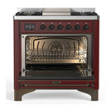 ILVE Majestic III 36-inch Dual Fuel Range with 5 Liquid Propane Burner, Griddle and Solid Door Electric Oven in Burgundy with Burnished Trim (UM36FQNR3BUBLP)