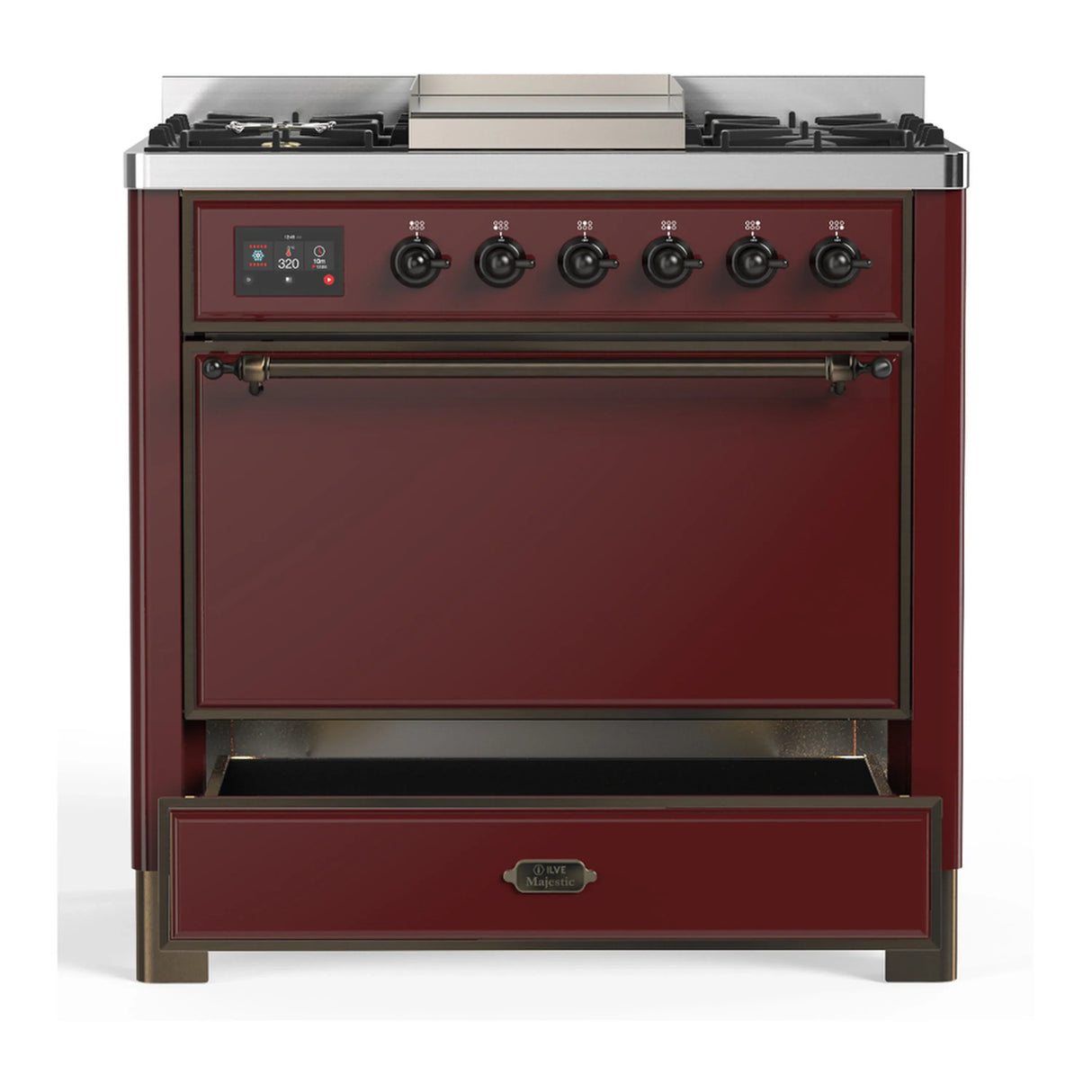 ILVE Majestic III 36-inch Dual Fuel Range with 5 Liquid Propane Burner, Griddle and Solid Door Electric Oven in Burgundy with Burnished Trim (UM36FQNR3BUBLP)