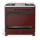 ILVE Majestic III 36-inch Dual Fuel Range with 5 Liquid Propane Burner, Griddle and Solid Door Electric Oven in Burgundy with Burnished Trim (UM36FQNR3BUBLP)