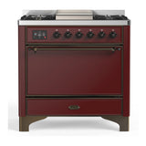ILVE Majestic III 36-inch Dual Fuel Range with 5 Liquid Propane Burner, Griddle and Solid Door Electric Oven in Burgundy with Burnished Trim (UM36FQNR3BUBLP)