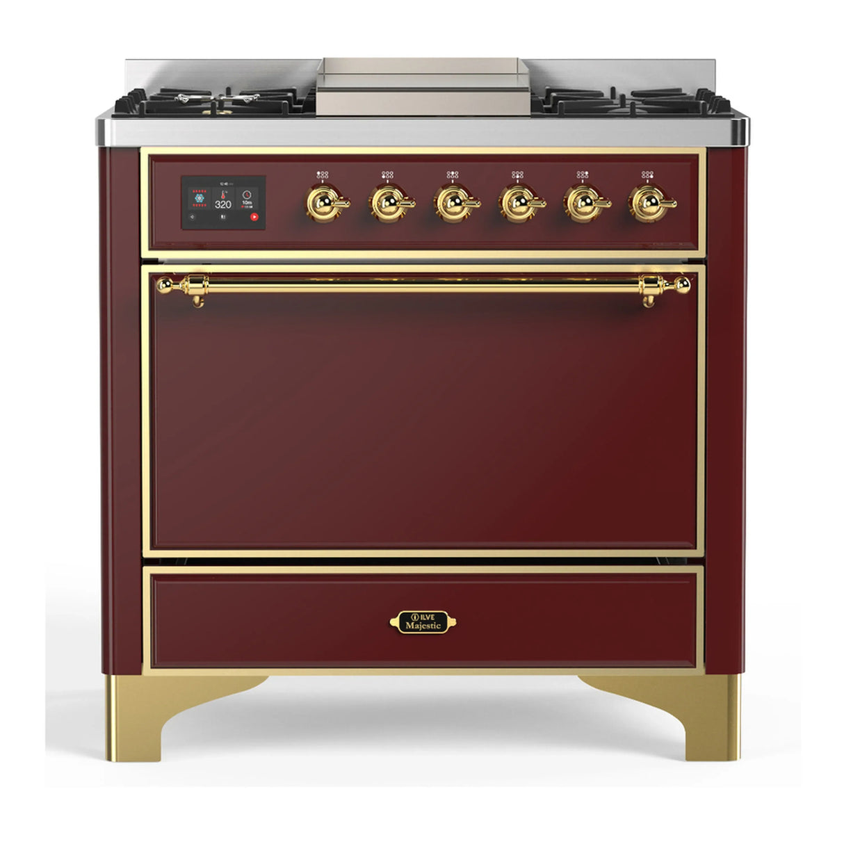 ILVE Majestic III 36-inch Dual Fuel Range with 6 Natural Gas Burner, Griddle and Solid Door Electric Oven in Burgundy with Brass Trim (UM36FQNR3BUG)