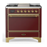 ILVE Majestic III 36-inch Dual Fuel Range with 6 Natural Gas Burner, Griddle and Solid Door Electric Oven in Burgundy with Brass Trim (UM36FQNR3BUG)