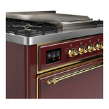 ILVE Majestic III 36-inch Dual Fuel Range with 6 Natural Gas Burner, Griddle and Solid Door Electric Oven in Burgundy with Brass Trim (UM36FQNR3BUG)