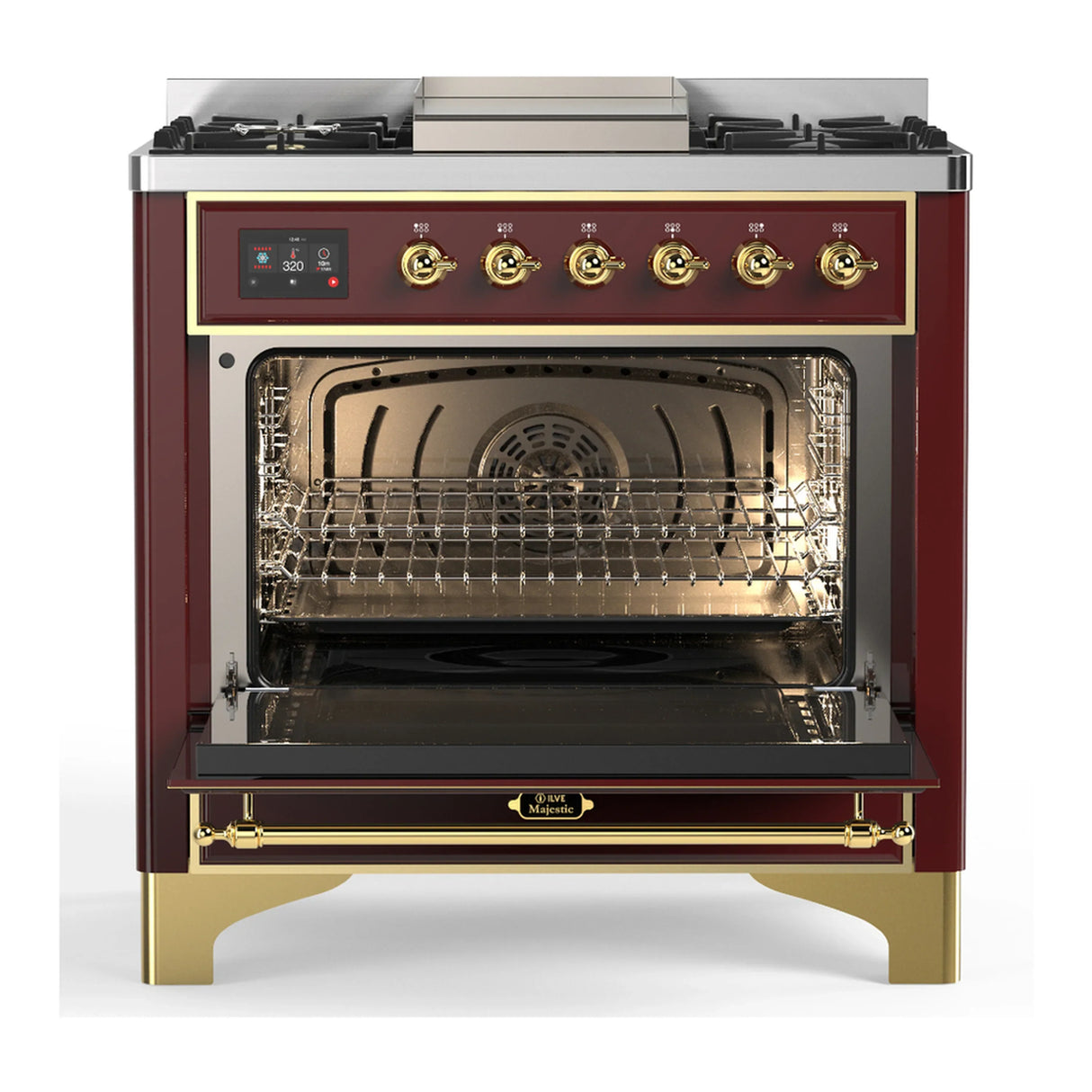 ILVE Majestic III 36-inch Dual Fuel Range with 6 Natural Gas Burner, Griddle and Solid Door Electric Oven in Burgundy with Brass Trim (UM36FQNR3BUG)
