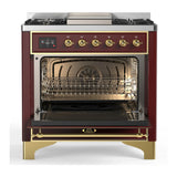 ILVE Majestic III 36-inch Dual Fuel Range with 6 Natural Gas Burner, Griddle and Solid Door Electric Oven in Burgundy with Brass Trim (UM36FQNR3BUG)