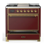 ILVE Majestic III 36-inch Dual Fuel Range with 6 Natural Gas Burner, Griddle and Solid Door Electric Oven in Burgundy with Brass Trim (UM36FQNR3BUG)