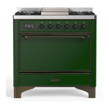 ILVE Majestic III 36-inch Dual Fuel Range with 6 Natural Gas Burner, Griddle and Solid Door Electric Oven in Emerald Green with Burnished Trim (UM36FQNR3EGB)