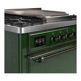 ILVE Majestic III 36-inch Dual Fuel Range with 6 Natural Gas Burner, Griddle and Solid Door Electric Oven in Emerald Green with Burnished Trim (UM36FQNR3EGB)
