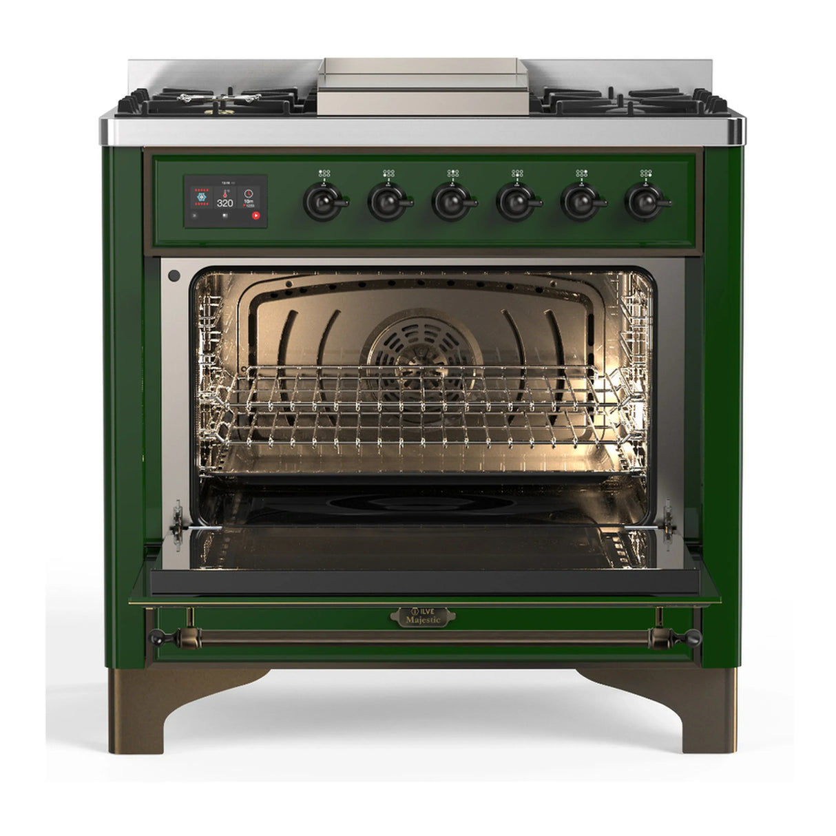 ILVE Majestic III 36-inch Dual Fuel Range with 6 Natural Gas Burner, Griddle and Solid Door Electric Oven in Emerald Green with Burnished Trim (UM36FQNR3EGB)