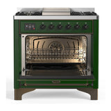 ILVE Majestic III 36-inch Dual Fuel Range with 6 Natural Gas Burner, Griddle and Solid Door Electric Oven in Emerald Green with Burnished Trim (UM36FQNR3EGB)