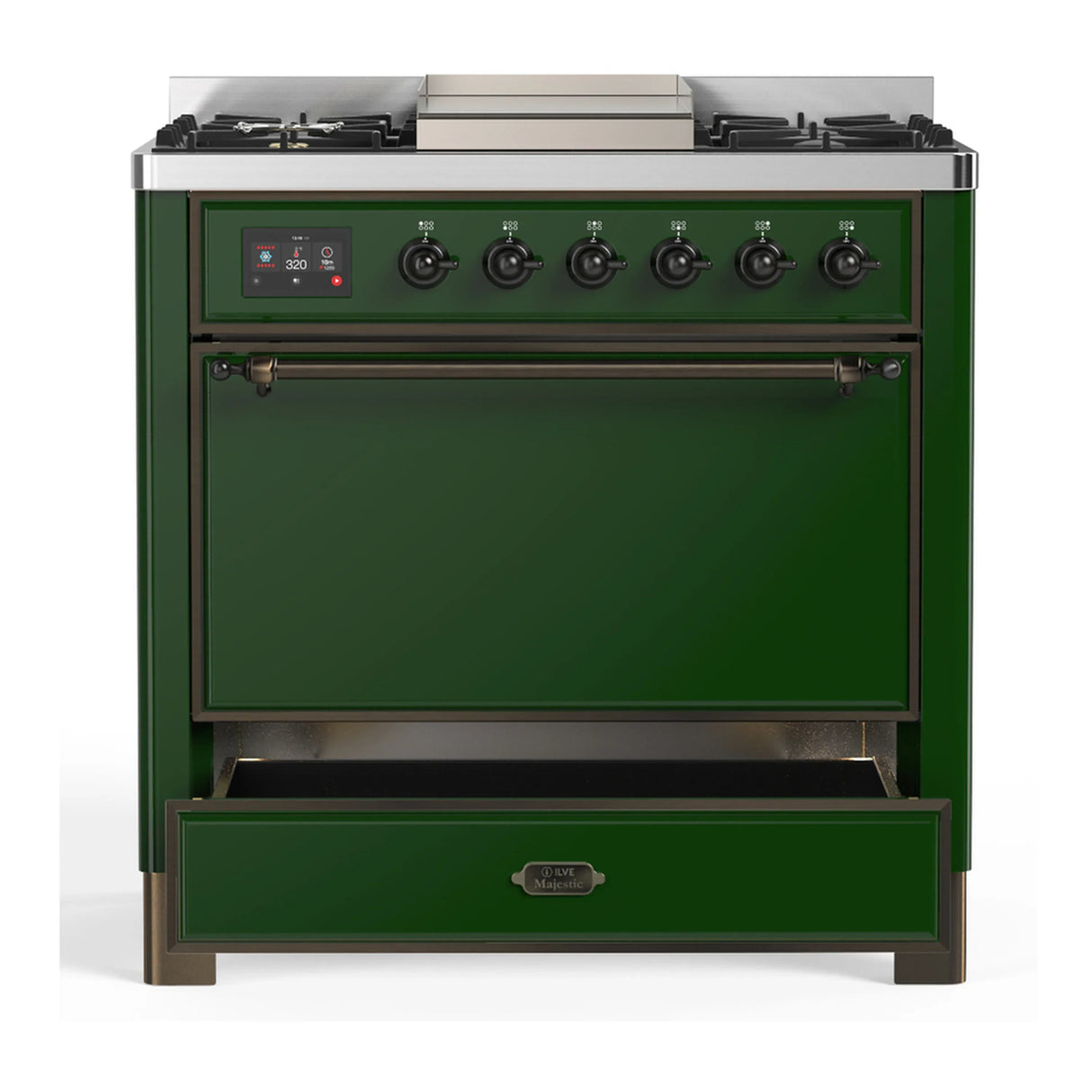 ILVE Majestic III 36-inch Dual Fuel Range with 6 Natural Gas Burner, Griddle and Solid Door Electric Oven in Emerald Green with Burnished Trim (UM36FQNR3EGB)