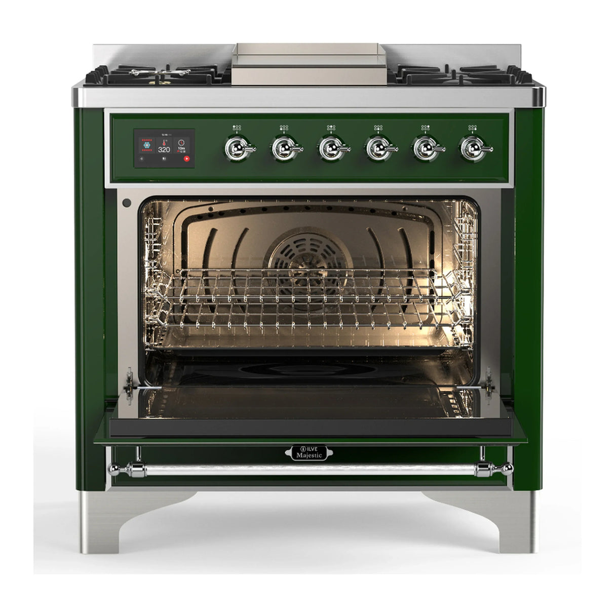 ILVE Majestic III 36-inch Dual Fuel Range with 5 Liquid Propane Burner, Griddle and Solid Door Electric Oven in Emerald Green with Chrome Trim (UM36FQNR3EGCLP)