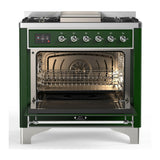 ILVE Majestic III 36-inch Dual Fuel Range with 5 Liquid Propane Burner, Griddle and Solid Door Electric Oven in Emerald Green with Chrome Trim (UM36FQNR3EGCLP)