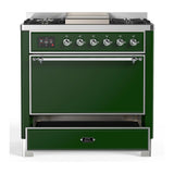 ILVE Majestic III 36-inch Dual Fuel Range with 5 Liquid Propane Burner, Griddle and Solid Door Electric Oven in Emerald Green with Chrome Trim (UM36FQNR3EGCLP)