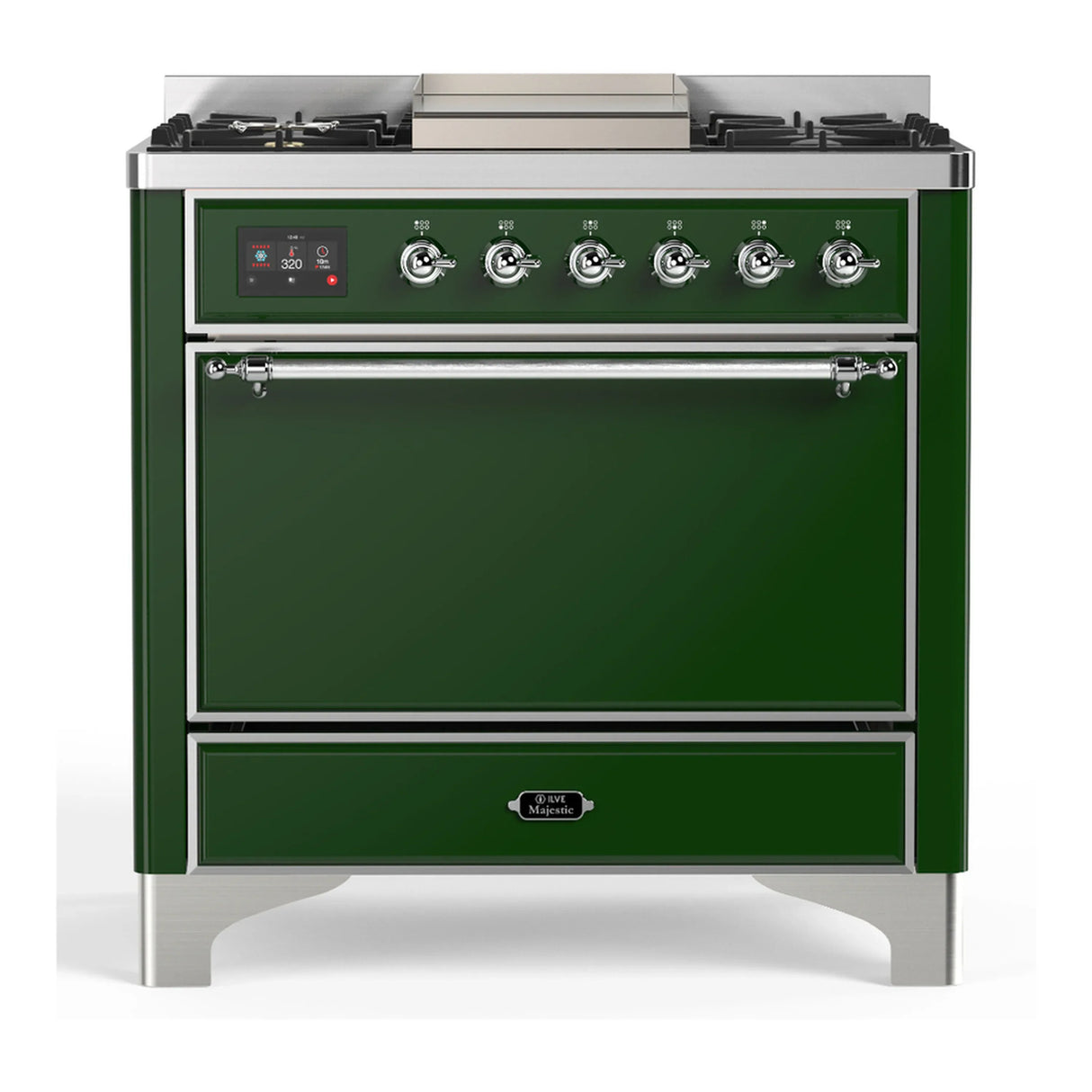 ILVE Majestic III 36-inch Dual Fuel Range with 5 Liquid Propane Burner, Griddle and Solid Door Electric Oven in Emerald Green with Chrome Trim (UM36FQNR3EGCLP)