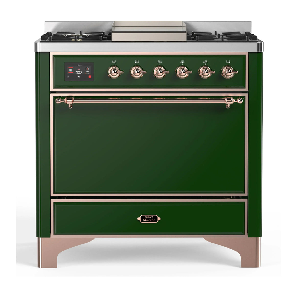 ILVE Majestic III 36-inch Dual Fuel Range with 6 Natural Gas Burner, Griddle and Solid Door Electric Oven in Emerald Green with Copper Trim (UM36FQNR3EGP)