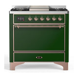 ILVE Majestic III 36-inch Dual Fuel Range with 6 Natural Gas Burner, Griddle and Solid Door Electric Oven in Emerald Green with Copper Trim (UM36FQNR3EGP)