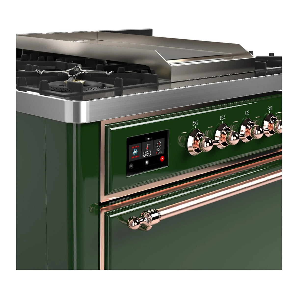ILVE Majestic III 36-inch Dual Fuel Range with 6 Natural Gas Burner, Griddle and Solid Door Electric Oven in Emerald Green with Copper Trim (UM36FQNR3EGP)