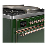 ILVE Majestic III 36-inch Dual Fuel Range with 6 Natural Gas Burner, Griddle and Solid Door Electric Oven in Emerald Green with Copper Trim (UM36FQNR3EGP)