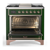 ILVE Majestic III 36-inch Dual Fuel Range with 6 Natural Gas Burner, Griddle and Solid Door Electric Oven in Emerald Green with Copper Trim (UM36FQNR3EGP)