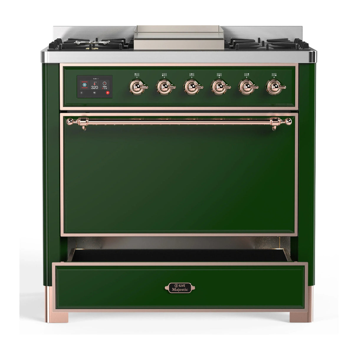 ILVE Majestic III 36-inch Dual Fuel Range with 6 Natural Gas Burner, Griddle and Solid Door Electric Oven in Emerald Green with Copper Trim (UM36FQNR3EGP)