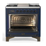 ILVE Majestic III 36-inch Dual Fuel Range with 6 Natural Gas Burner, Griddle and Solid Door Electric Oven in Midnight Blue with Burnished Trim (UM36FQNR3MBB)