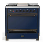ILVE Majestic III 36-inch Dual Fuel Range with 6 Natural Gas Burner, Griddle and Solid Door Electric Oven in Midnight Blue with Burnished Trim (UM36FQNR3MBB)
