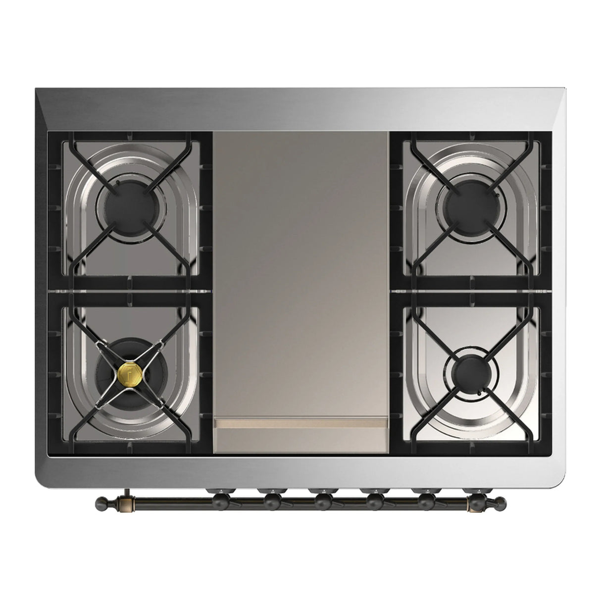 ILVE Majestic III 36-inch Dual Fuel Range with 6 Natural Gas Burner, Griddle and Solid Door Electric Oven in Midnight Blue with Burnished Trim (UM36FQNR3MBB)