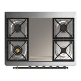 ILVE Majestic III 36-inch Dual Fuel Range with 6 Natural Gas Burner, Griddle and Solid Door Electric Oven in Midnight Blue with Burnished Trim (UM36FQNR3MBB)