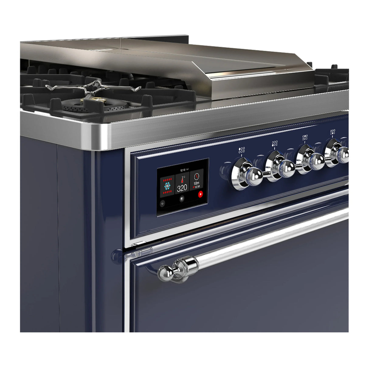 ILVE Majestic III 36-inch Dual Fuel Range with 6 Natural Gas Burner, Griddle and Solid Door Electric Oven in Midnight Blue with Chrome Trim (UM36FQNR3MBC)