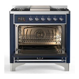 ILVE Majestic III 36-inch Dual Fuel Range with 6 Natural Gas Burner, Griddle and Solid Door Electric Oven in Midnight Blue with Chrome Trim (UM36FQNR3MBC)