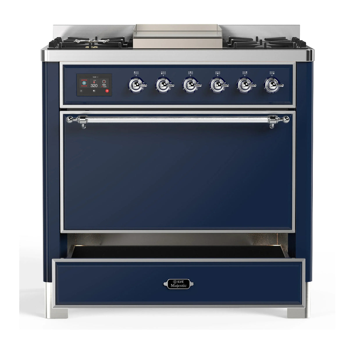 ILVE Majestic III 36-inch Dual Fuel Range with 6 Natural Gas Burner, Griddle and Solid Door Electric Oven in Midnight Blue with Chrome Trim (UM36FQNR3MBC)