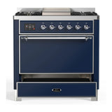 ILVE Majestic III 36-inch Dual Fuel Range with 6 Natural Gas Burner, Griddle and Solid Door Electric Oven in Midnight Blue with Chrome Trim (UM36FQNR3MBC)