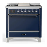ILVE Majestic III 36-inch Dual Fuel Range with 6 Natural Gas Burner, Griddle and Solid Door Electric Oven in Midnight Blue with Chrome Trim (UM36FQNR3MBC)